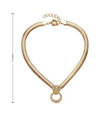 14k Yellow Gold Plated with Green & Cubic Zirconia Panther Head Door Knocker Wire Herringbone Chain Necklace - Adjustable w/ Extension Chain