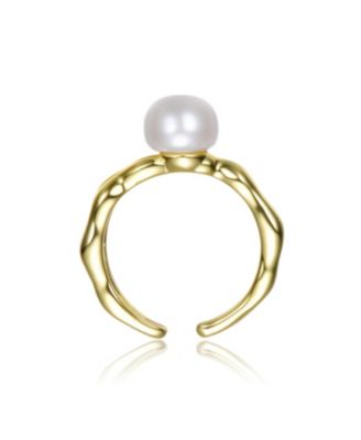 14K Gold Plated with Curved Design and Pearl Accent Open-Style Ring
