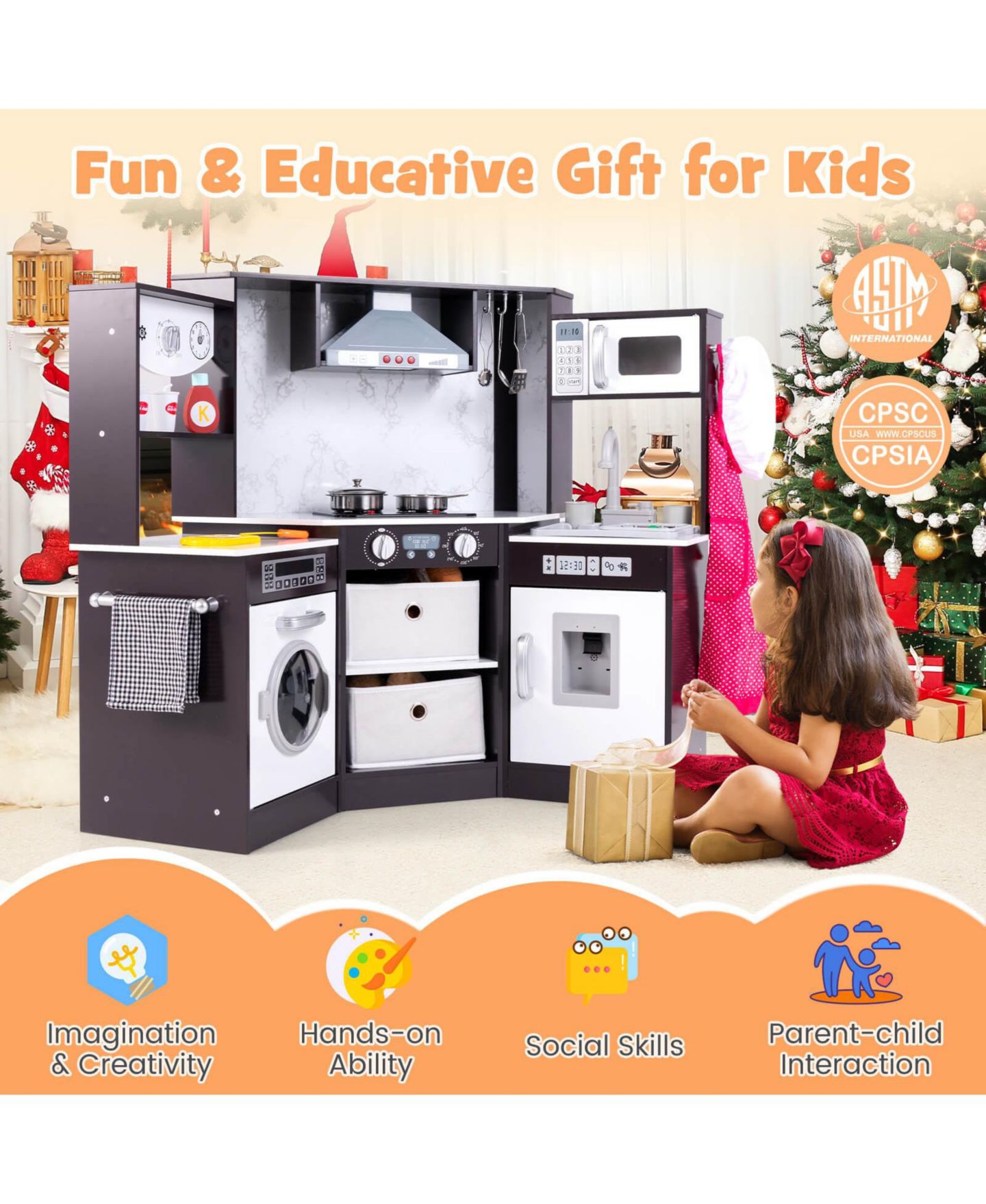 Детский игровой набор Costway Lighted Corner Kitchen Playset, Ages 3+, цвет: Коричневый — фото 7
