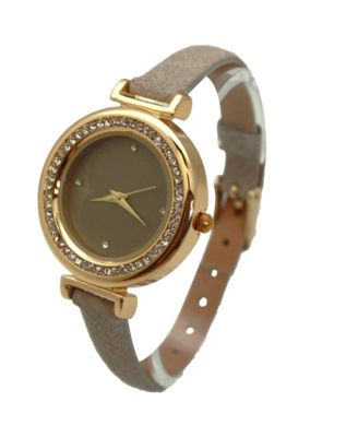 Taupe Thin Solid Color Strap and Rhinestones Women Watch