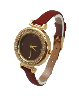 Burgundy Thin Solid Color Strap and Rhinestones Women Watch