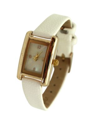 White Thin Gold Square Face Solid Faux Leather Women Watch