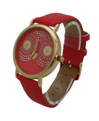 Hot Pink Dazzling Owl Face Leather Strap Watch