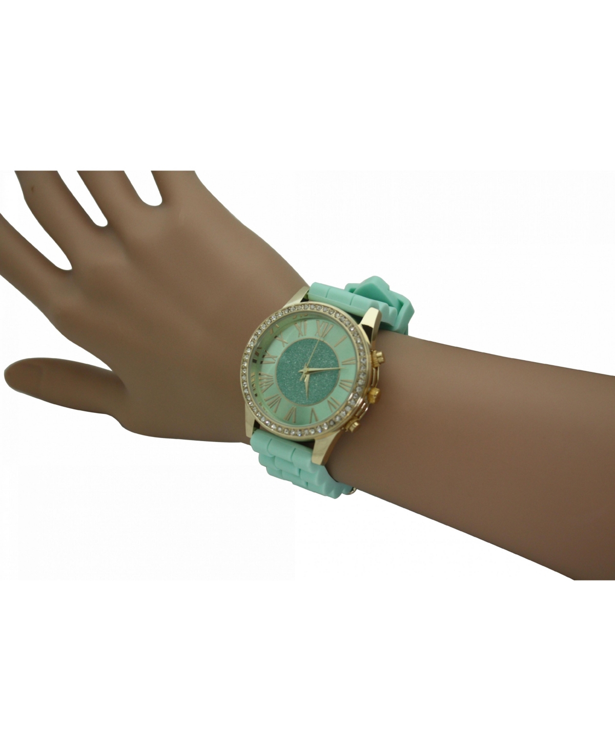Mint Rhinestone Bezel Silicone Strap Watch