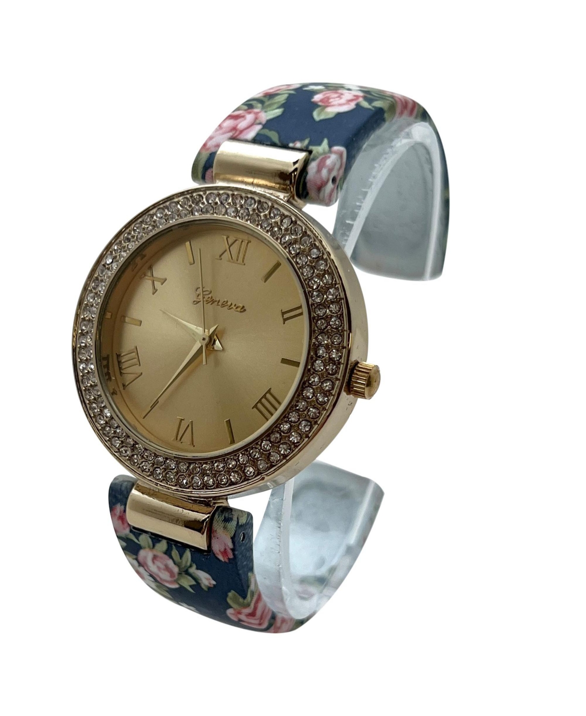 Olivia Pratt Navy Floral Printed Soft Band Bangle Women Watch