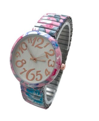 Light Blue Floral Big Dial Easy Reader Watch Floral Elastic Stretch Band Wristwatch Women Watch