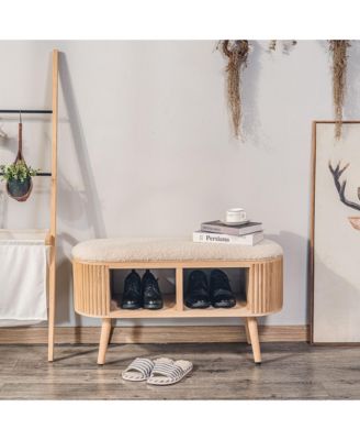 - White Boucl&eacute; and Wood Storage Bench Exotic Boho Entry