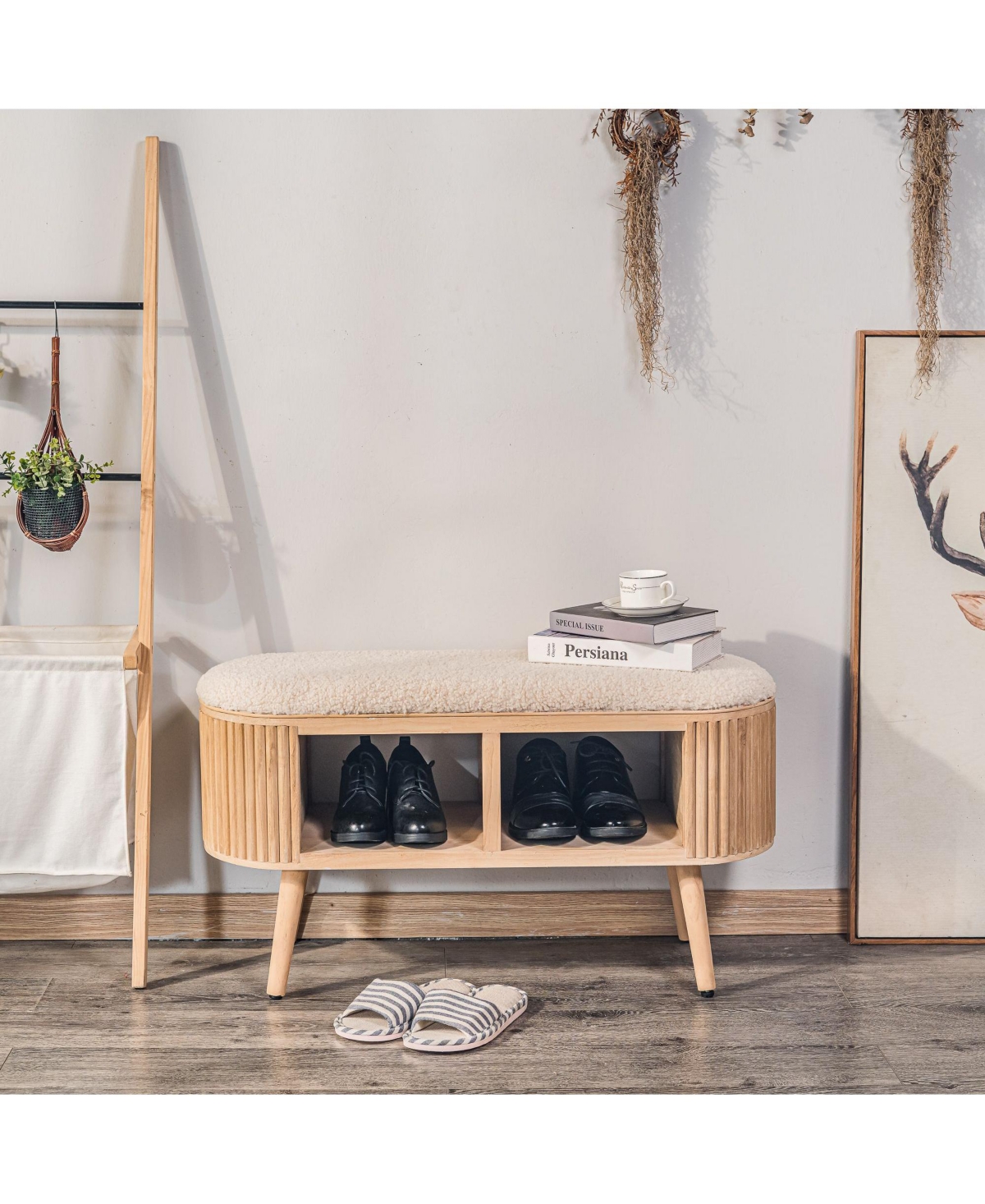 Nordlys - White Boucle and Wood Storage Bench Exotic Boho Entry