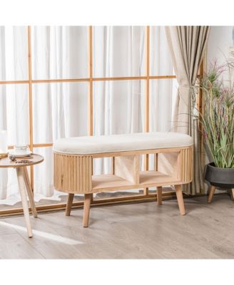 - Beige Velvet and Wood Storage Bench Exotic Boho Entry