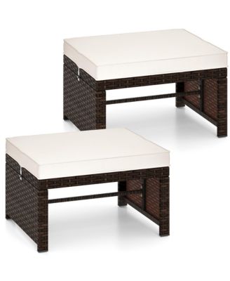 Set of 2 Patio PE Rattan Ottomans w/ Soft Zippered Cushions for Deck Outdoor