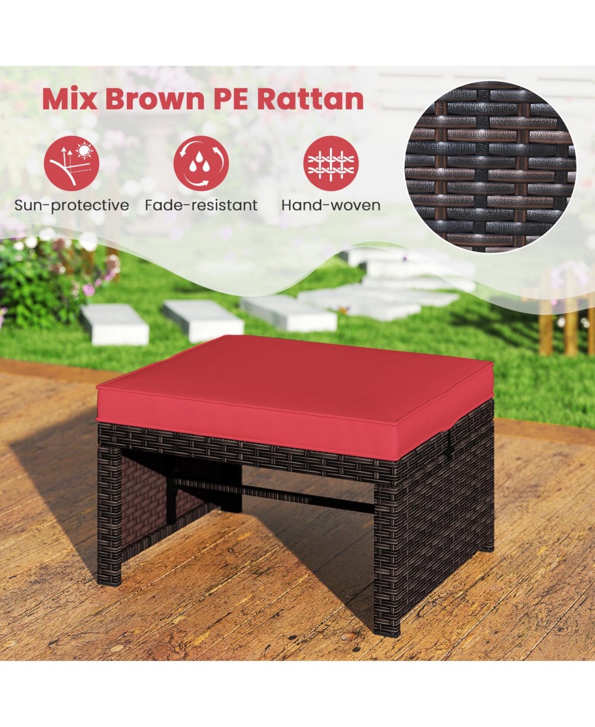 Gymax Set of 2 Patio Pe Rattan Ottomans w/ Soft Zippered Cushions for Deck Outdoor