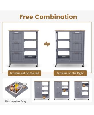 26.5" MDF, Metal 3 Drawers, Shelves, Removable Tray, Lockable Wheels Rolling Kitchen Island Cart
