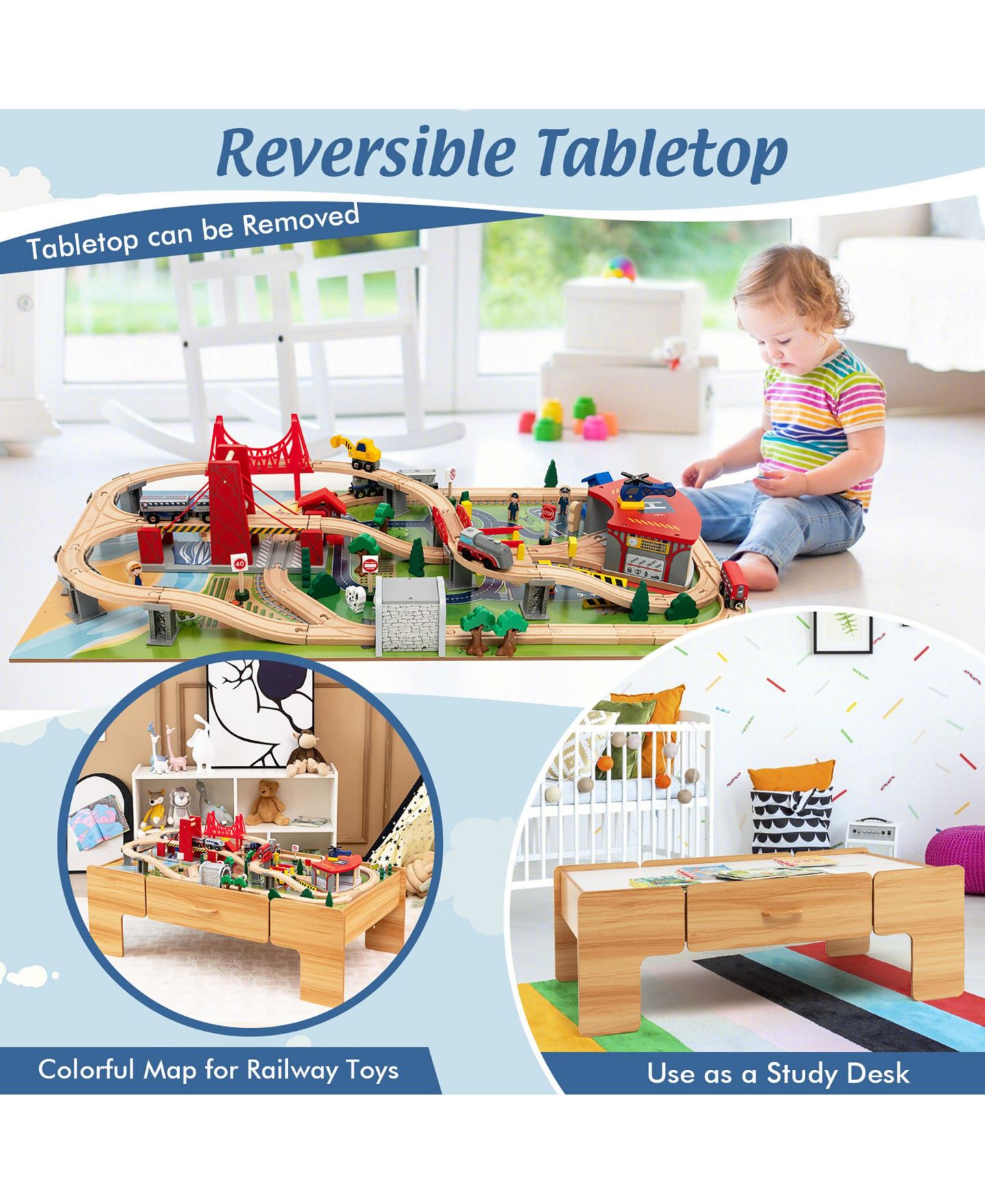 Детские игрушки Costway Magnetic Battery-Operated 100-Piece Kids' Train Set & Activity Table Playset, цвет: Натуральный — фото 6