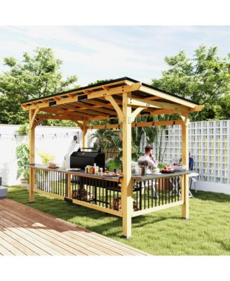 13' x 6' Wooden Grill Gazebo, Hardtop Outdoor BBQ Gazebo, Natural