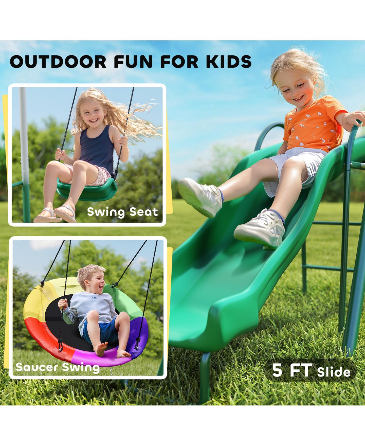 Детские игрушки Qaba Metal Swing Set with Slide, Heavy Duty Swing Set, цвет: Тёмный зелёный — фото 4