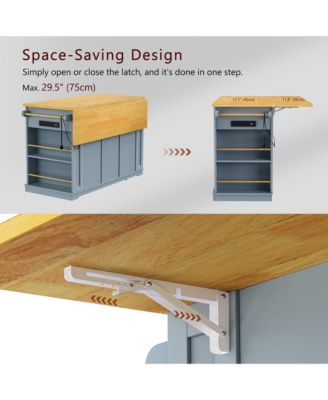 CASAINC 50" 3 Pc. Set Rubber Wood, Bamboo Drop Leaf, Power Outlet, Drawers, Racks, Bar Stools Kitchen Island