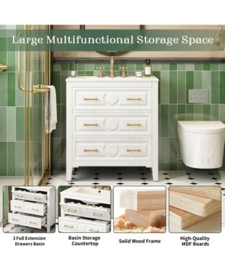 30" Freestanding Vanity With Ceramic Sink Combo and 3 Drawers, Solid Wood Frame