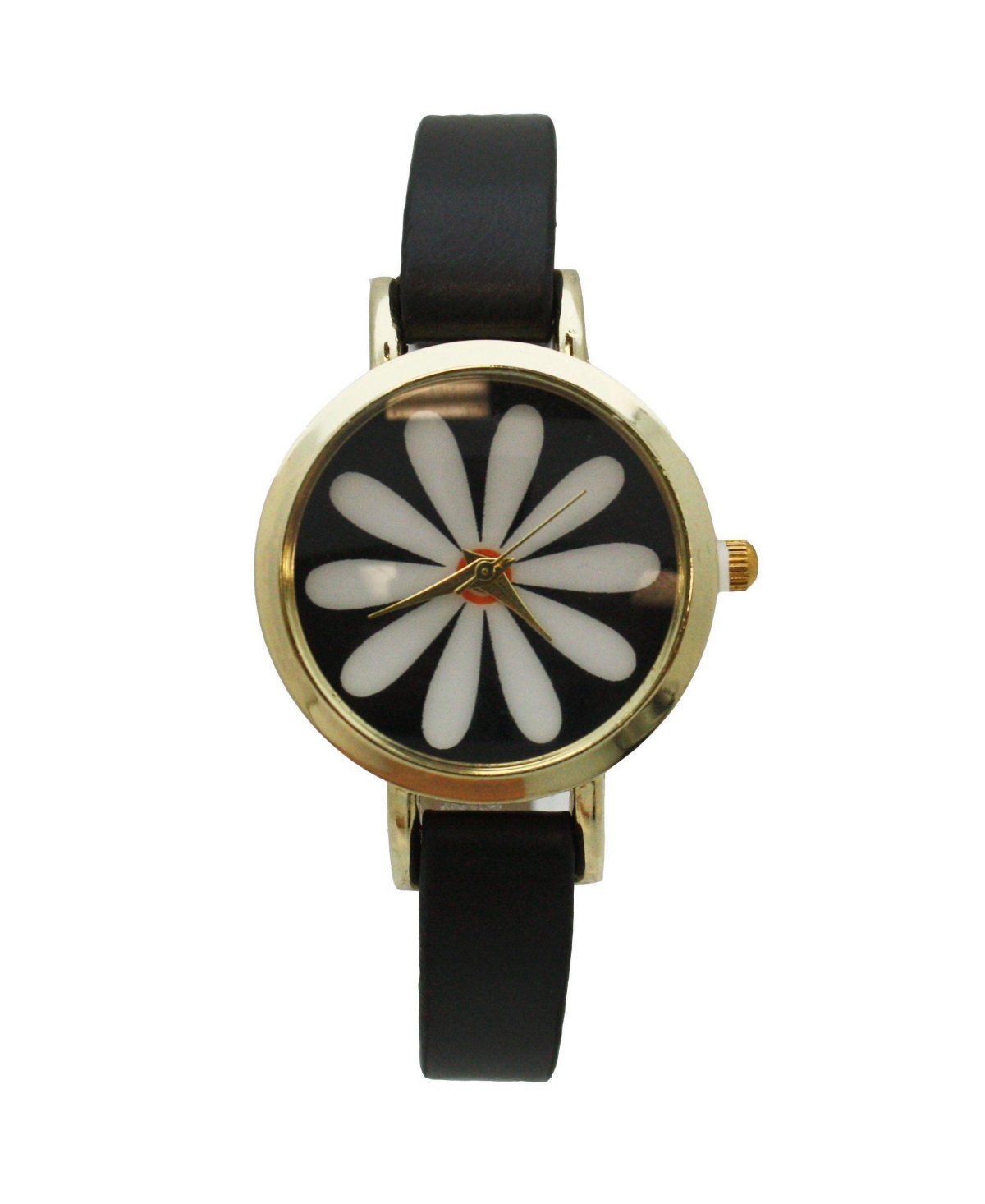 Olivia Pratt Black Large Flower Face Skinny Leather Strap Watch