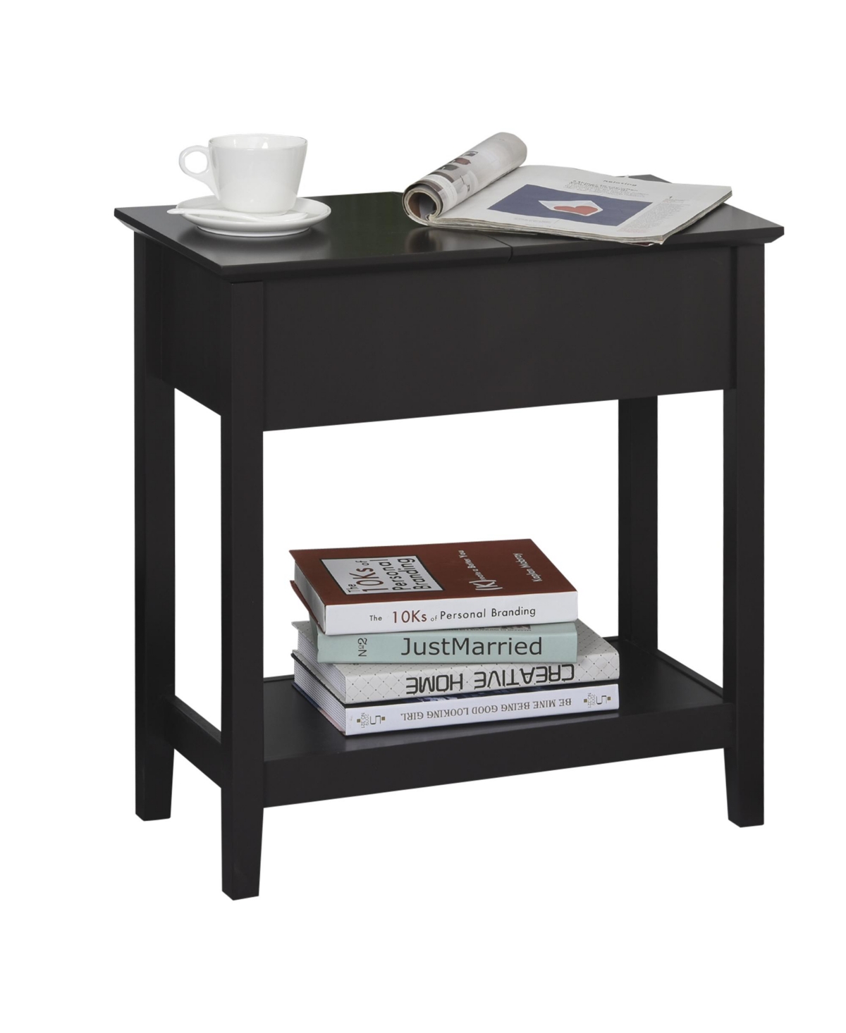 Homcom Wood Flip Top End Side Table with Cabinet Bottom Shelf for Home Office
