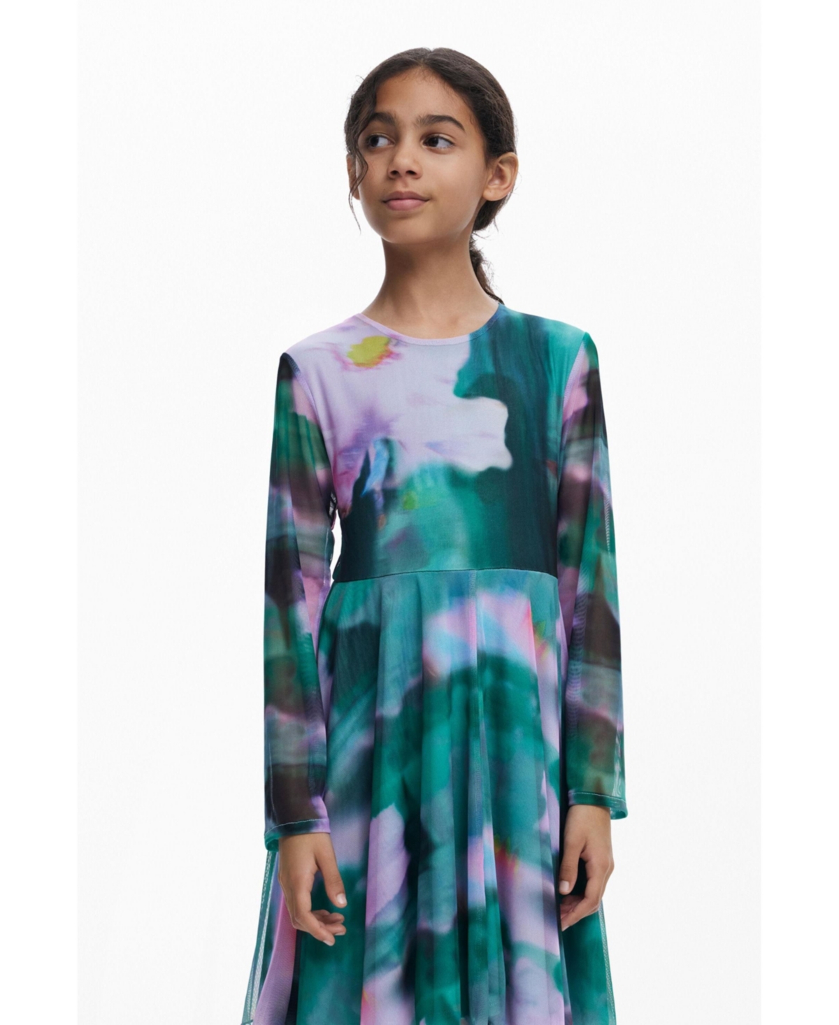 Desigual Girls Girls's Watercolor Tulle Long-sleeve Dress In Green