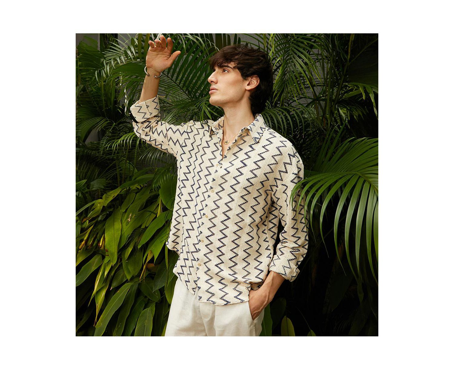 Men's Cream White Zig-Zag Knit Shirt