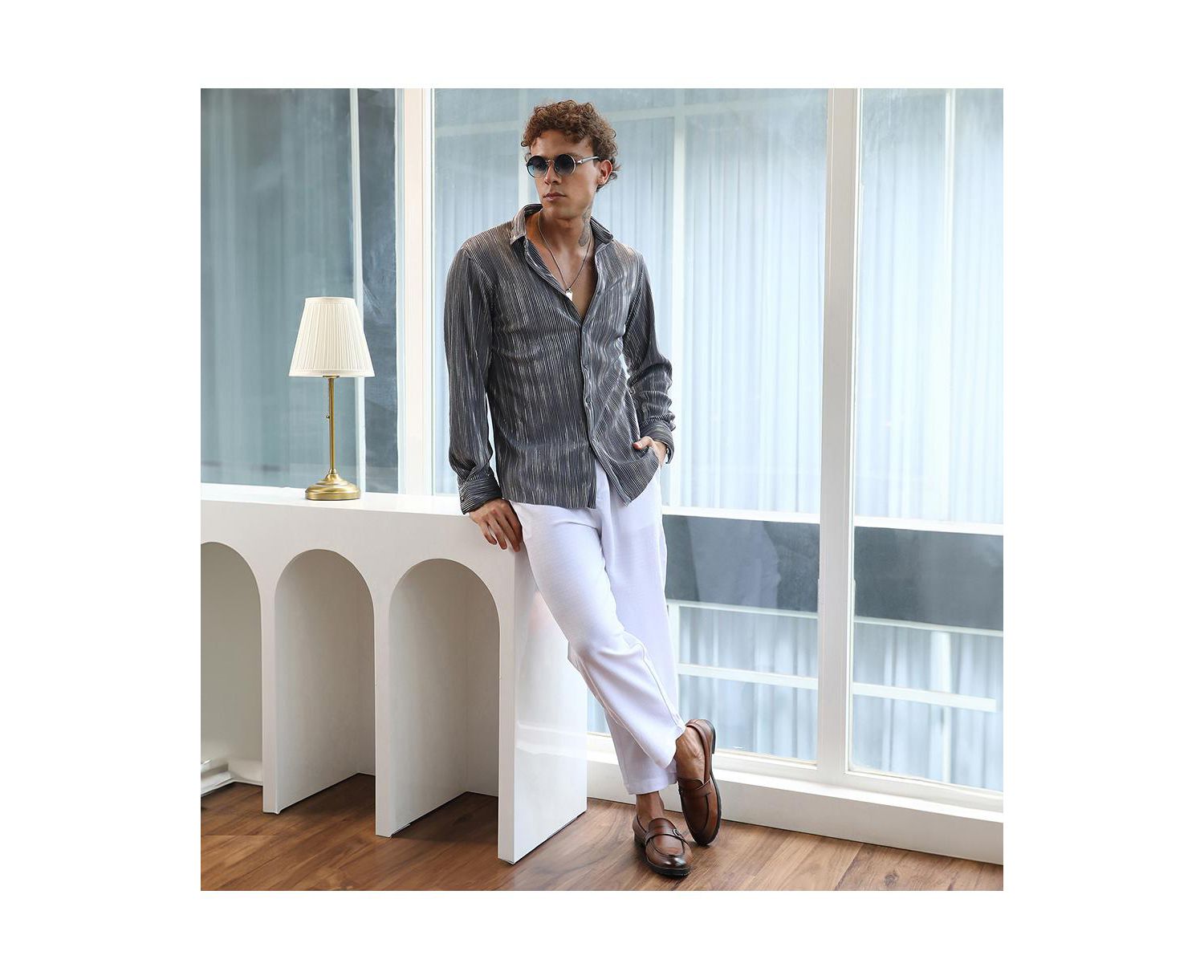 Men's Icy Blue & Metallic Silver Pleat-Creased Shirt