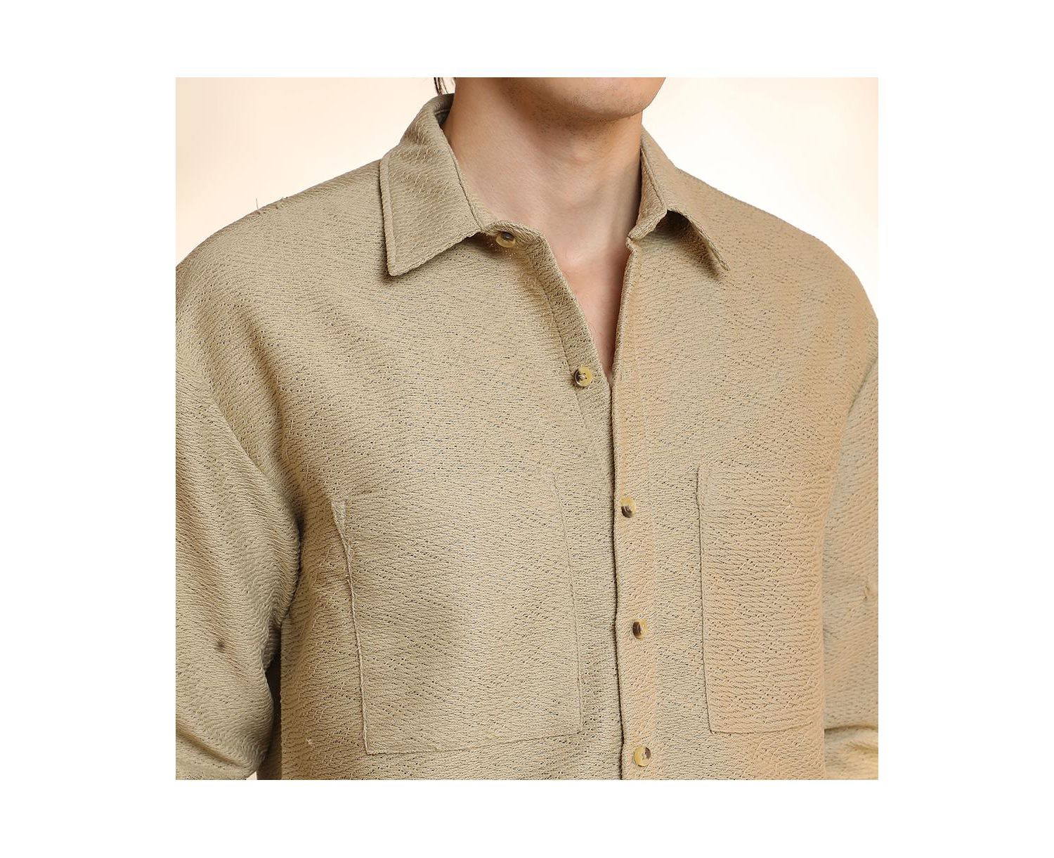 Men's Buff Beige Chevron-Woven Utility Shirt