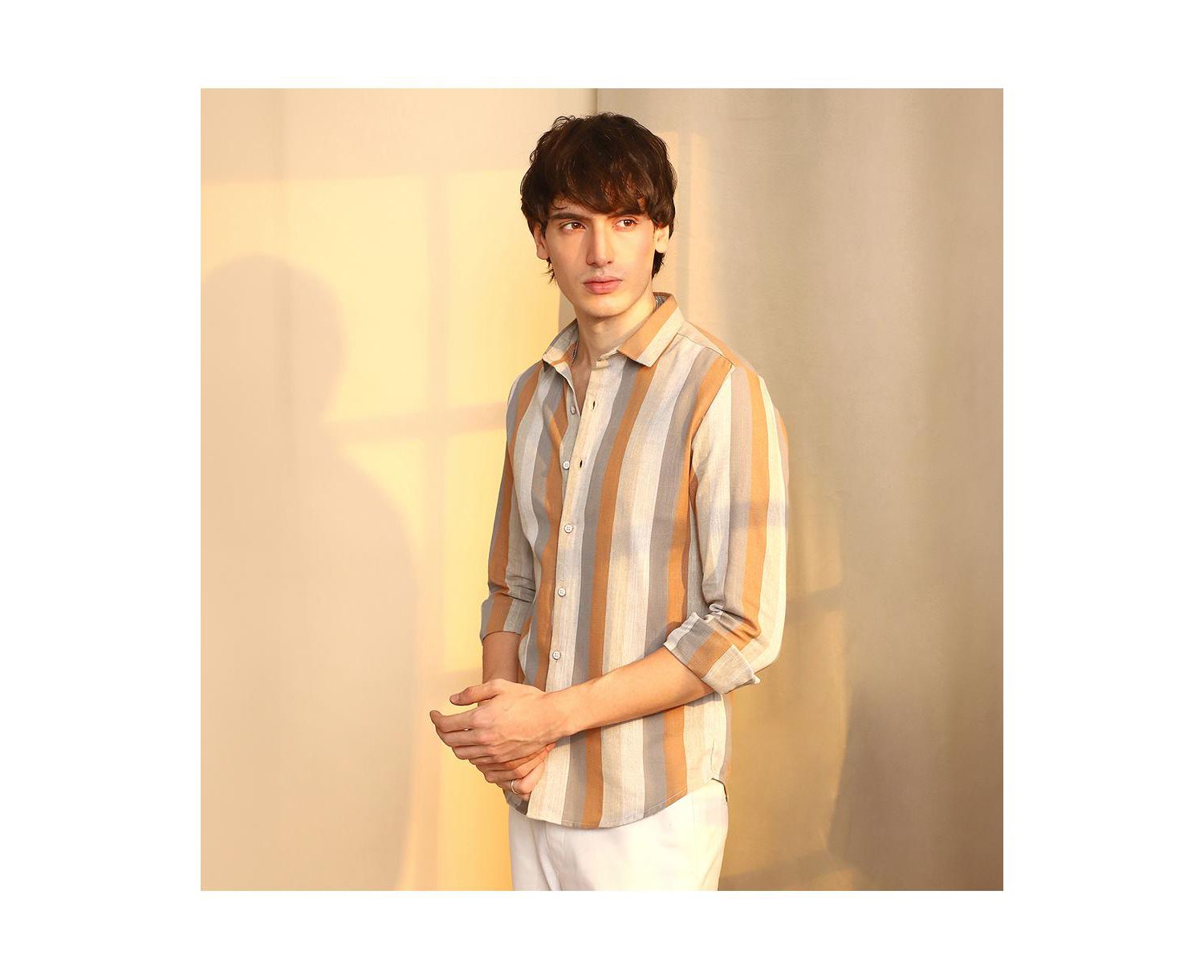 Men's Copper Brown & Peanut Brown Block-Striped Shirt