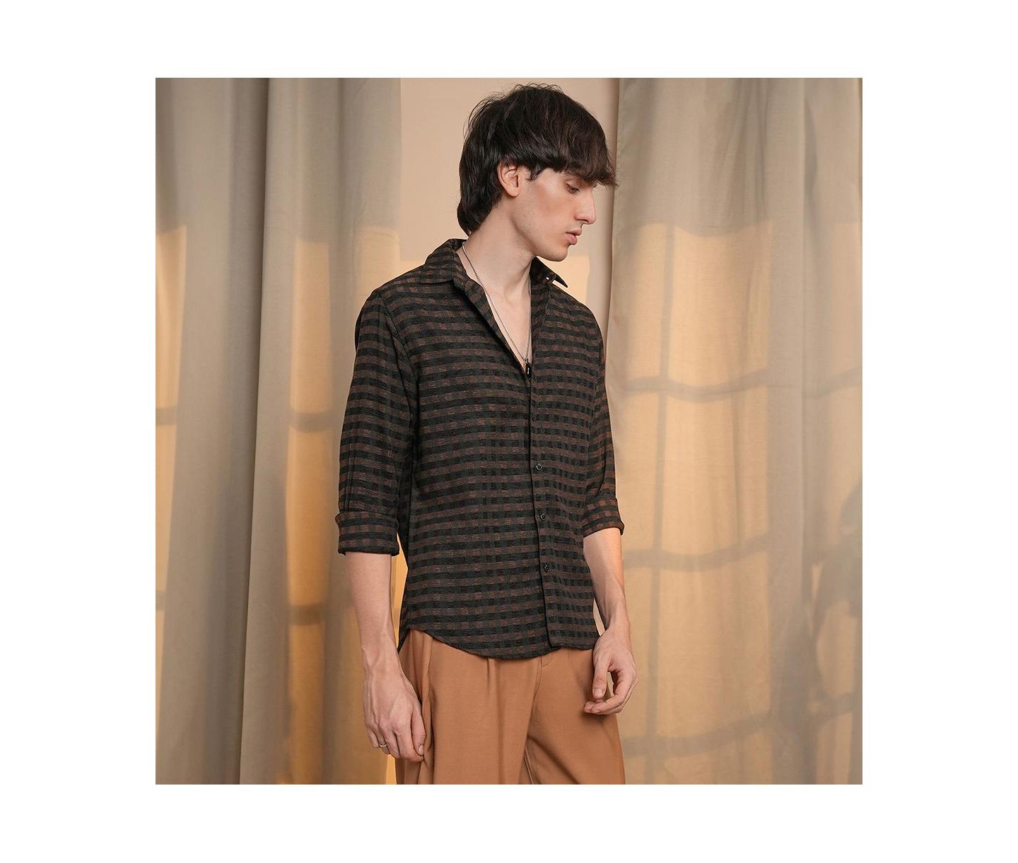 Мужская рубашка Cahoot Campus Sutra Chocolate Brown & Charcoal Black Gingham, цвет: Коричневый — фото 5