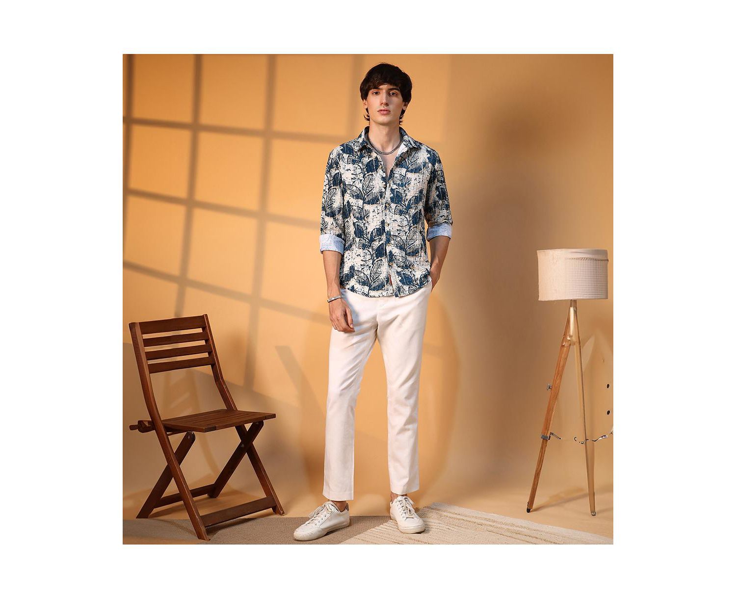 Men's Ivory White & Indigo Blue Foliage-Waffle Shirt