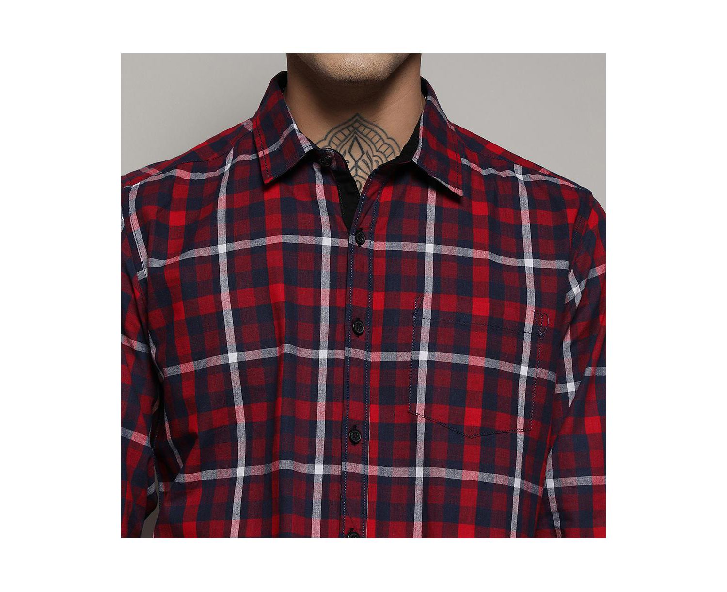Men's Navy Blue & Red Tartan Plaid Shirt