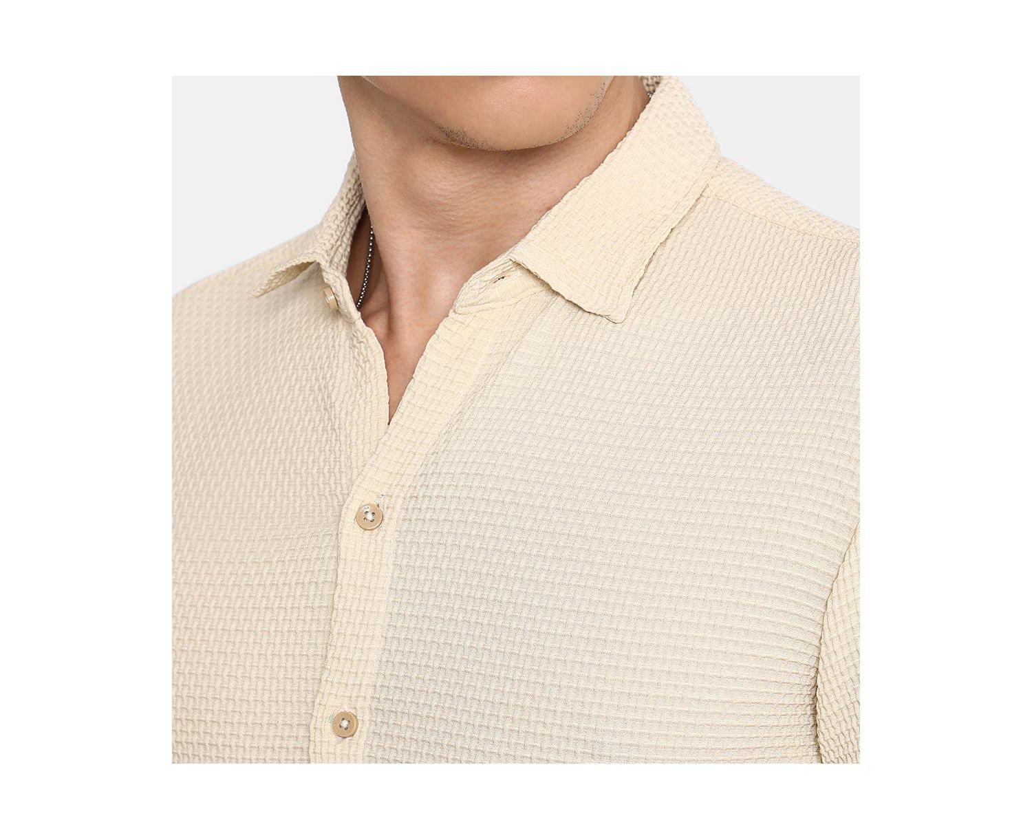 Men's Ivory White Weave-Textured Shirt