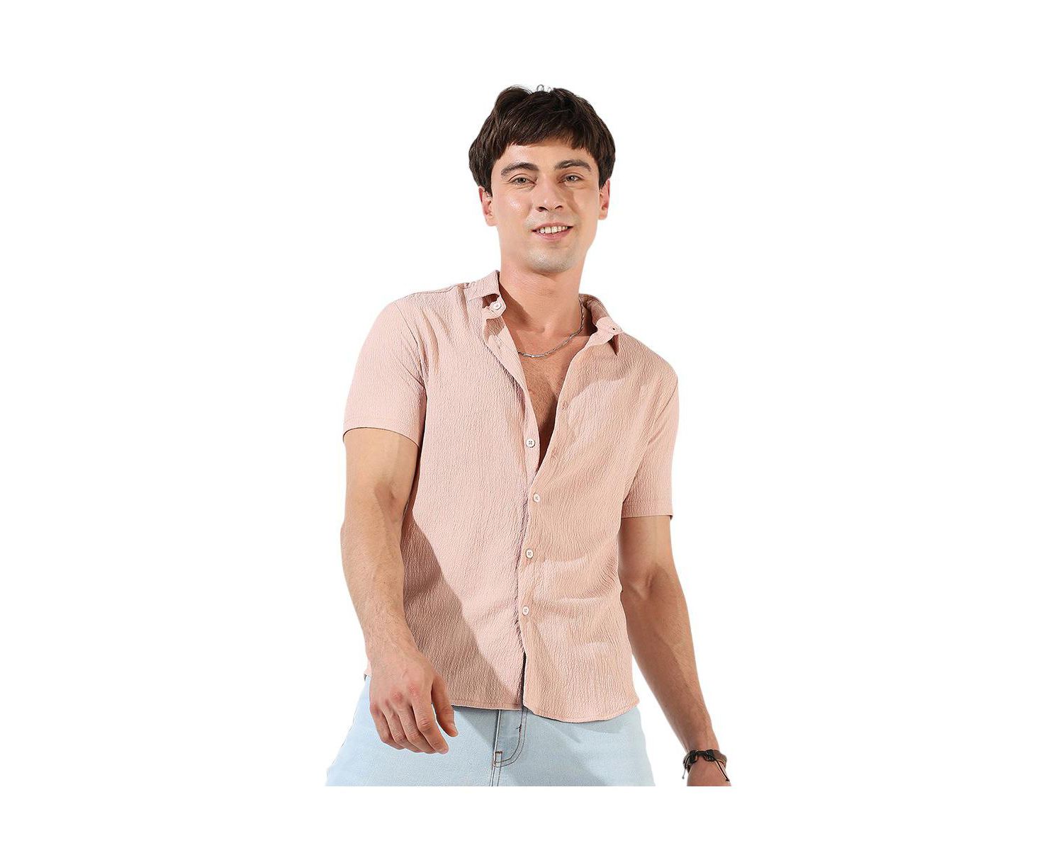Men's Peach Textured Regular Fit Casual Shirt