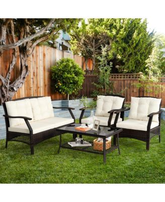 8PCS Rattan Patio Conversation Furniture Set Wicker Sofa Set w/ Waterproof Cover