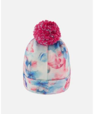Girl Lined Knit Pompom Hat Blue Flower Print - Toddler|Child