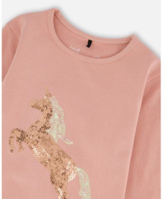 Girl Cotton Long Sleeve T-Shirt Dusty Pink with Sequin Unicorn - Toddler|Child