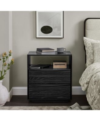 Nightstand with Charging Station & Outlet Hole & 2 Solid Wood Drawers