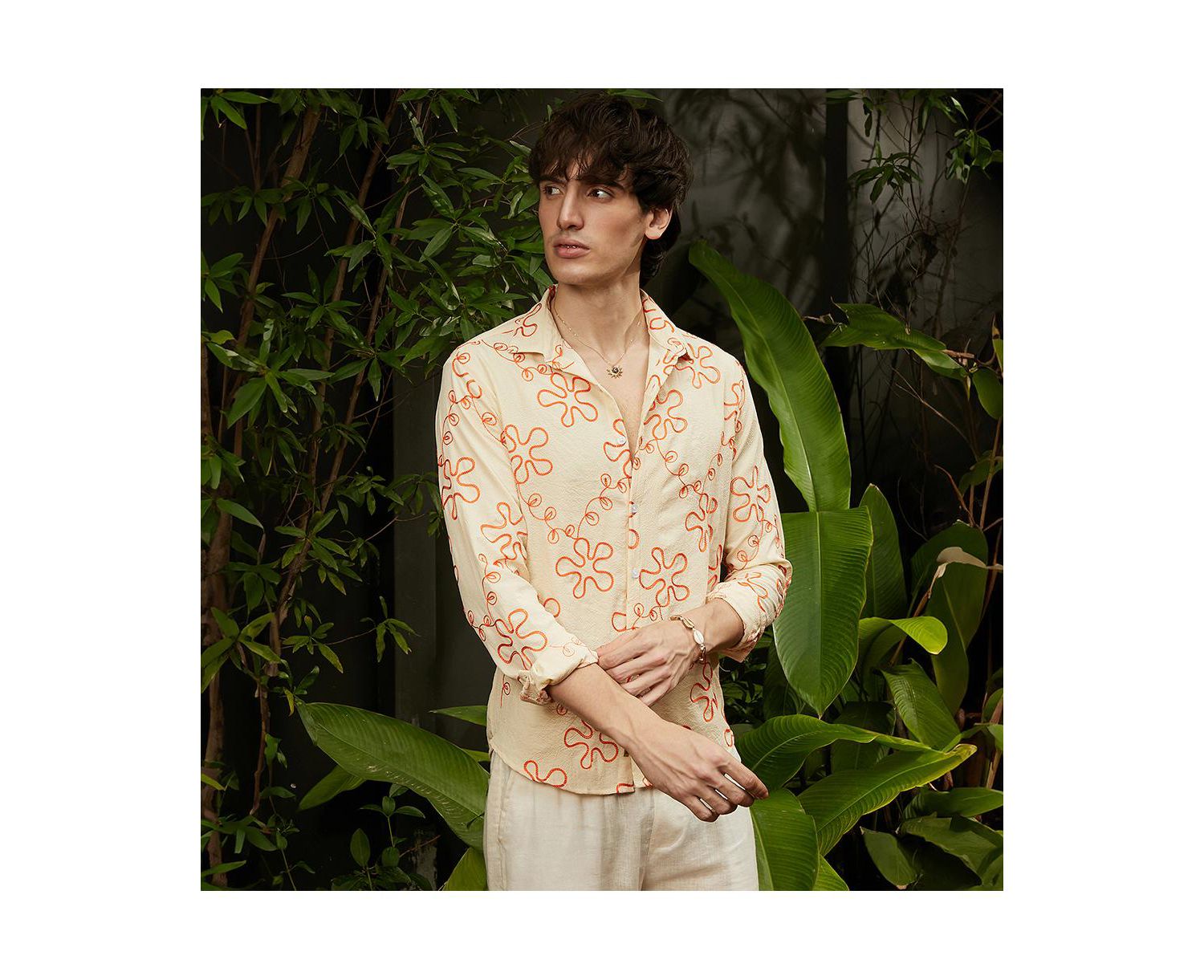 Men's Peach Orange Flora-Weave Shirt