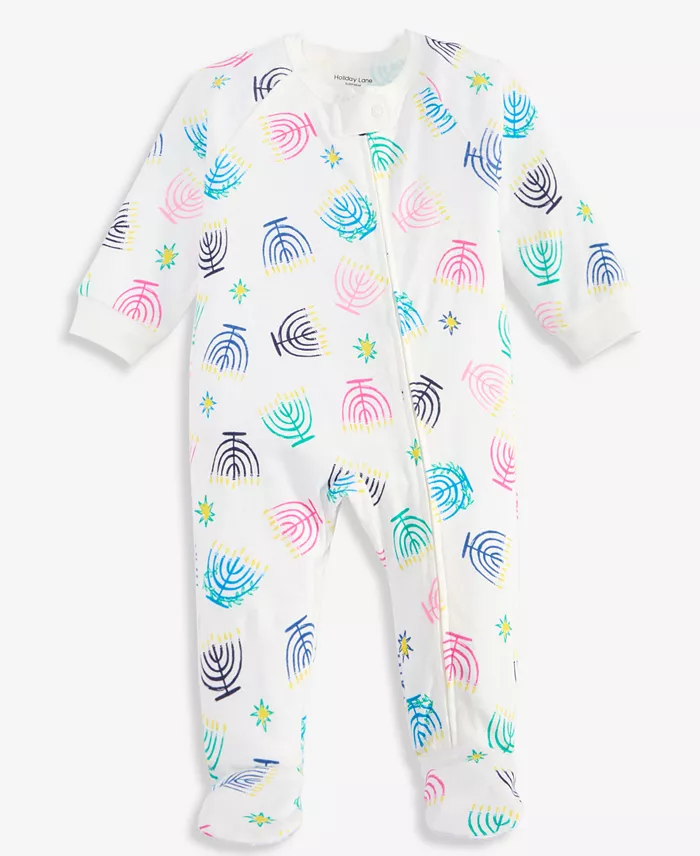 A white bodysuit with a colorful menorah pattern