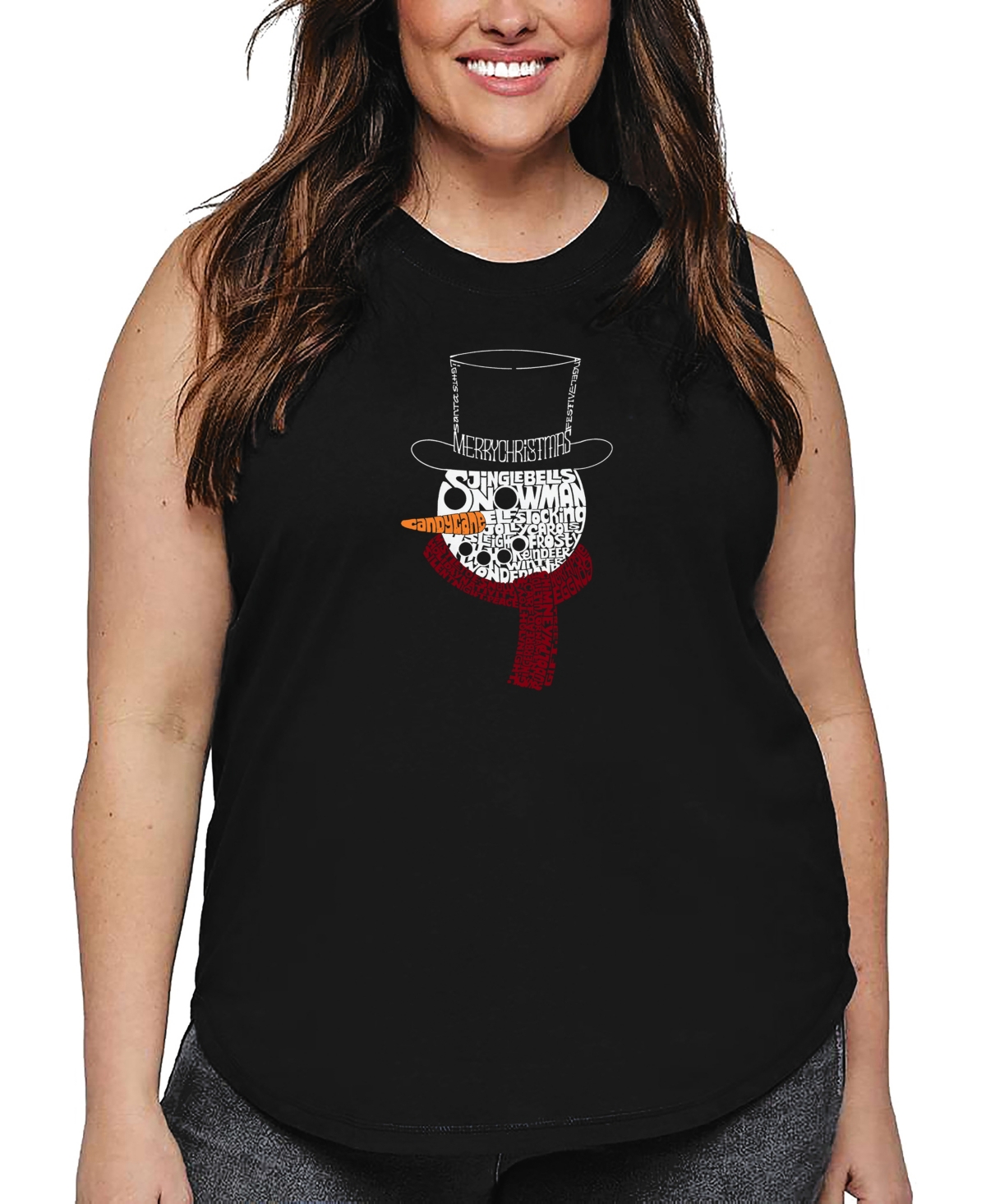La Pop Art Plus Size Snowman Face Word Art Tank Top In Black