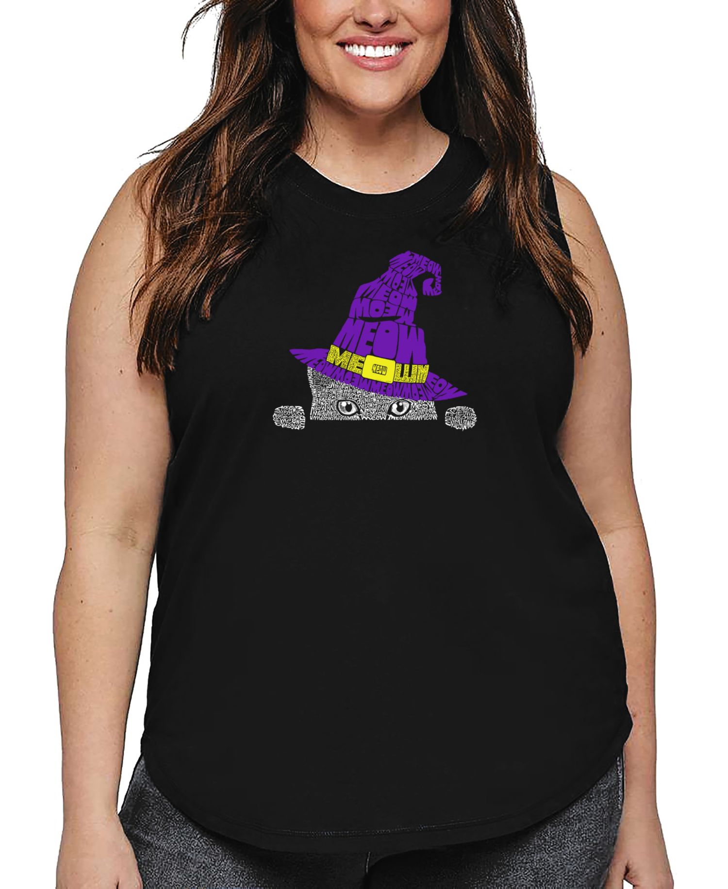 Plus Size Peeking Witch Cat Word Art Tank Top