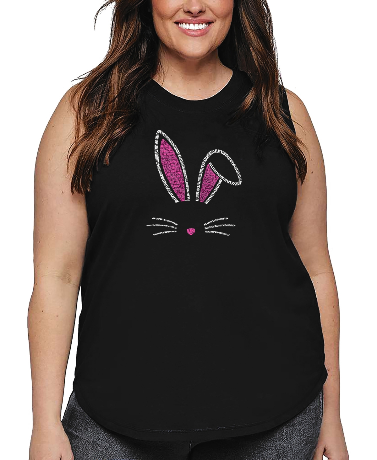 La Pop Art Plus Size Bunny Ears Word Art Tank Top In Black