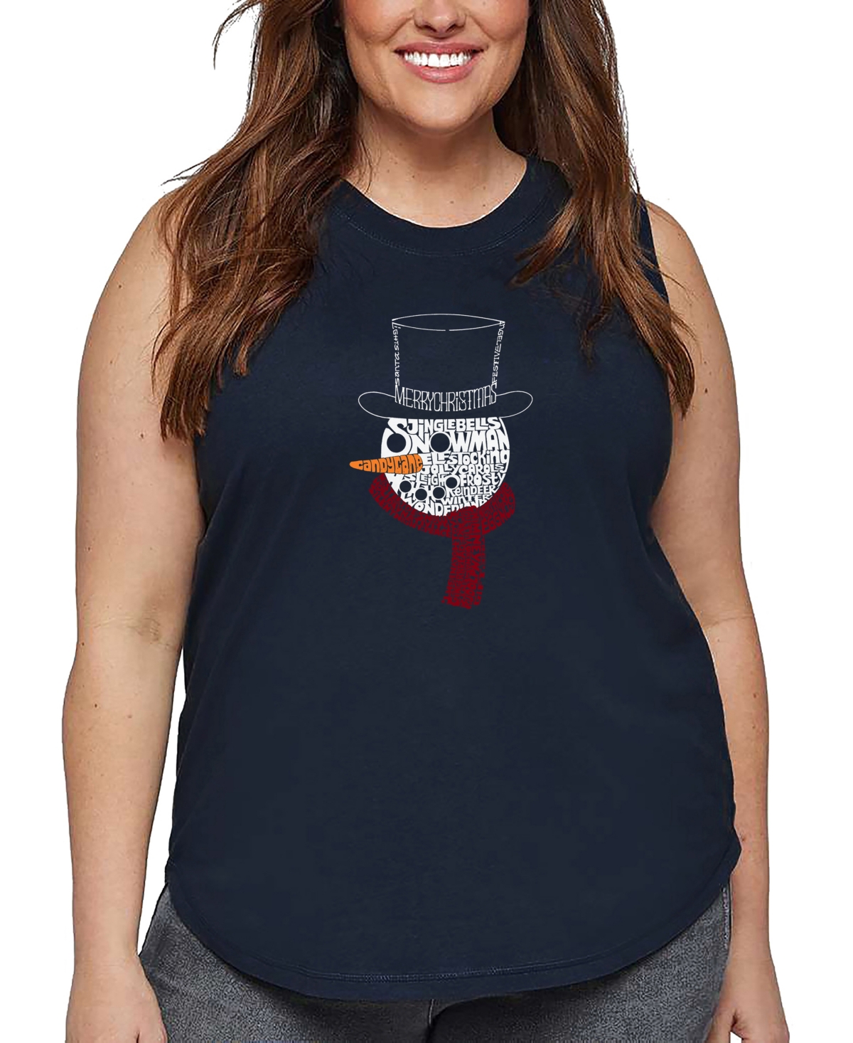 La Pop Art Plus Size Snowman Face Word Art Tank Top In Blue