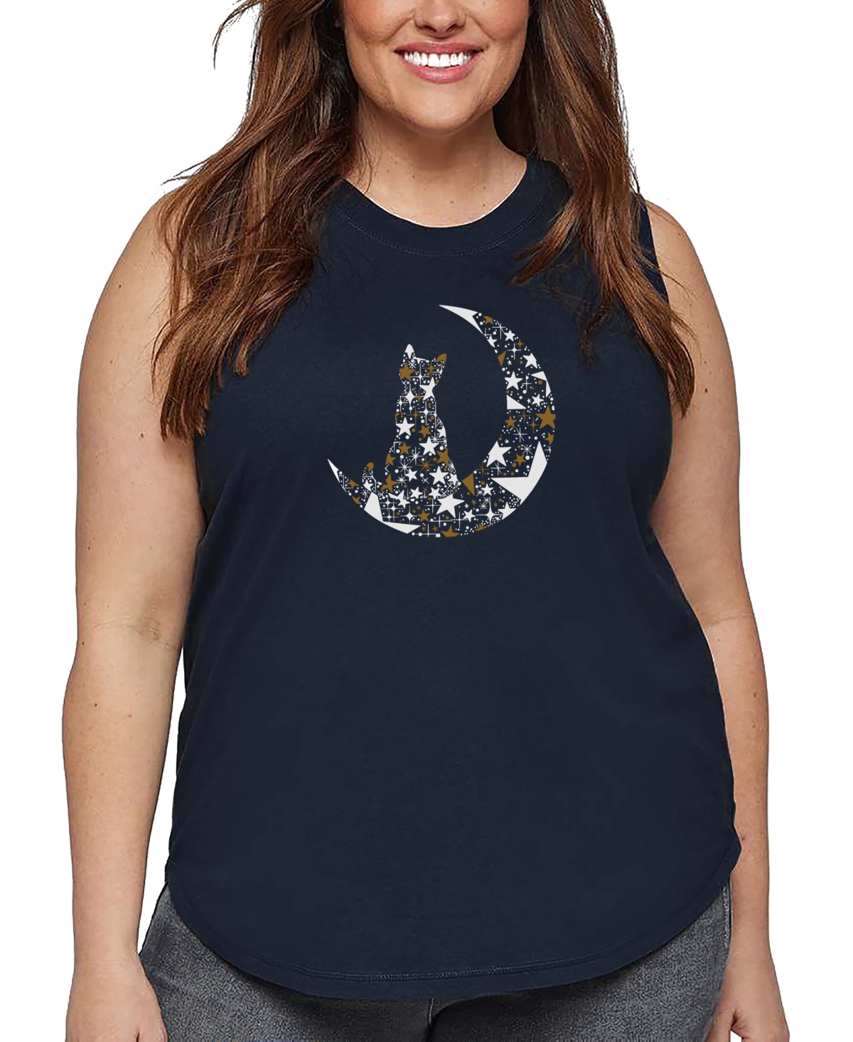 La Pop Art Plus Size Cat Sitting On Moon Word Art Tank Top In Blue