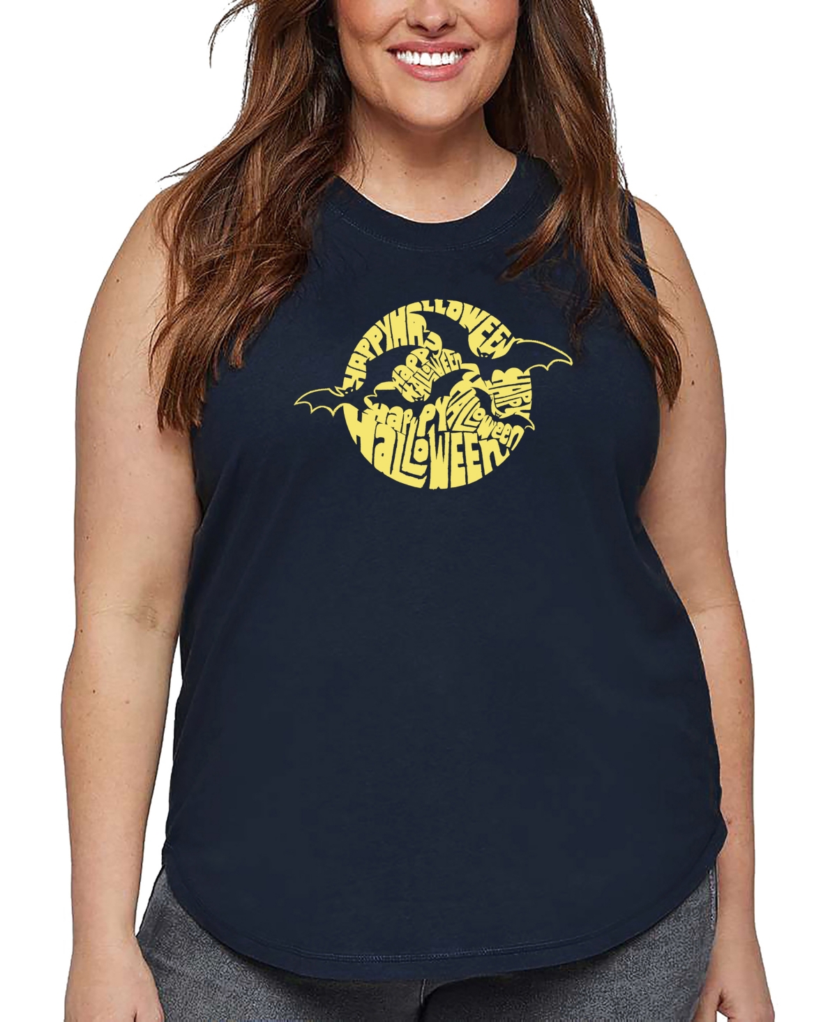 La Pop Art Plus Size Halloween Bats Word Art Tank Top In Blue
