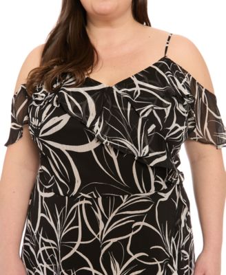 Plus Size Printed Cold-Shoulder Ruffle Dress