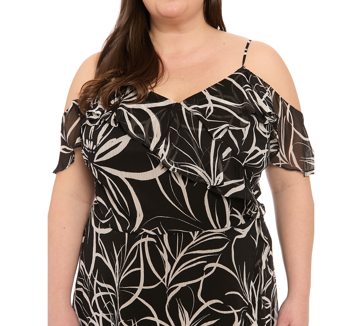 London Times Plus Printed Cold-Shoulder Ruffle Dress