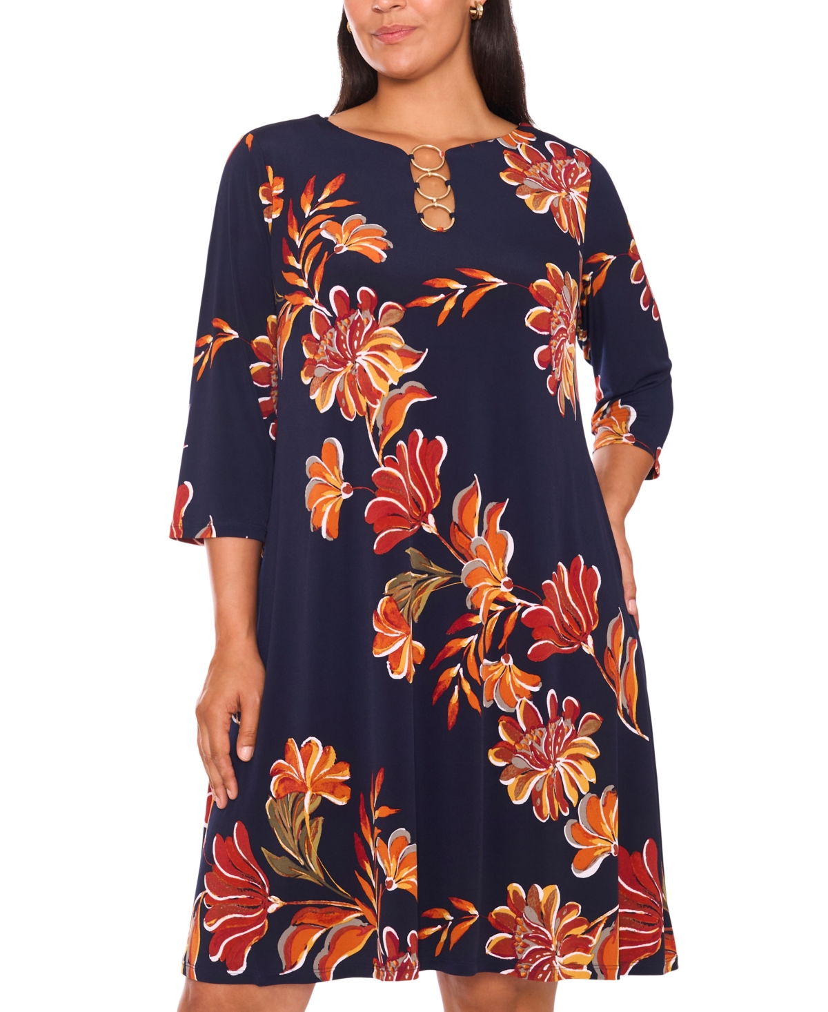 Msk Plus Size 3-ring Shift Knee-length Dress In Blue