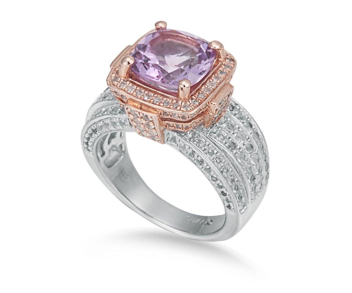 Suzy Levian Two-Tone Sterling Cushion Cut Center Topaz Cocktail Milano Ring - Purple amethyst