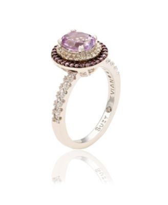 Suzy Levian Sterling Silver Oval Cut Topaz and Sapphire Double Halo Ring